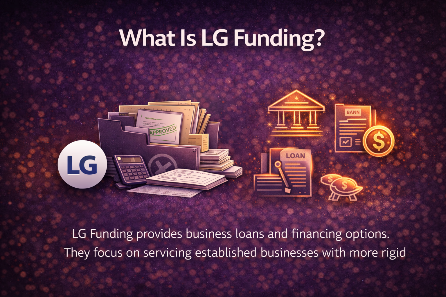 What is LG Funding business financing concept with paperwork, calculator, loan documents, and purple background