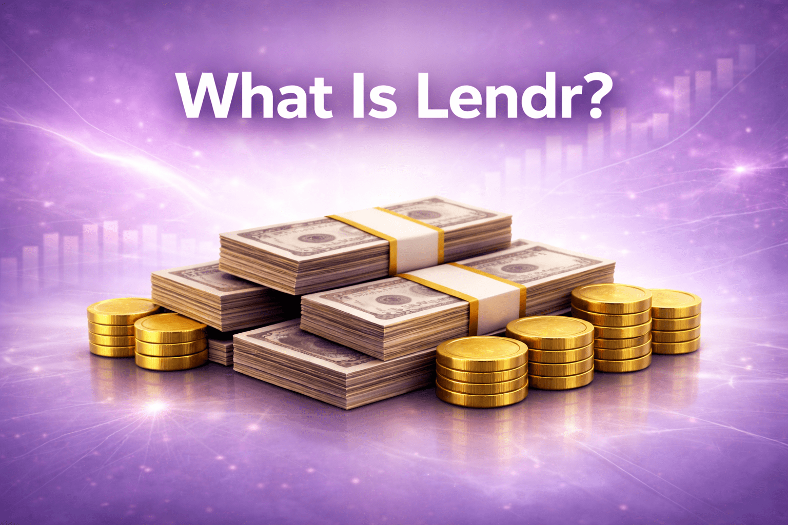 Traditional business funding concept with cash stacks and coins on a subtle purple background representing a standard lender
