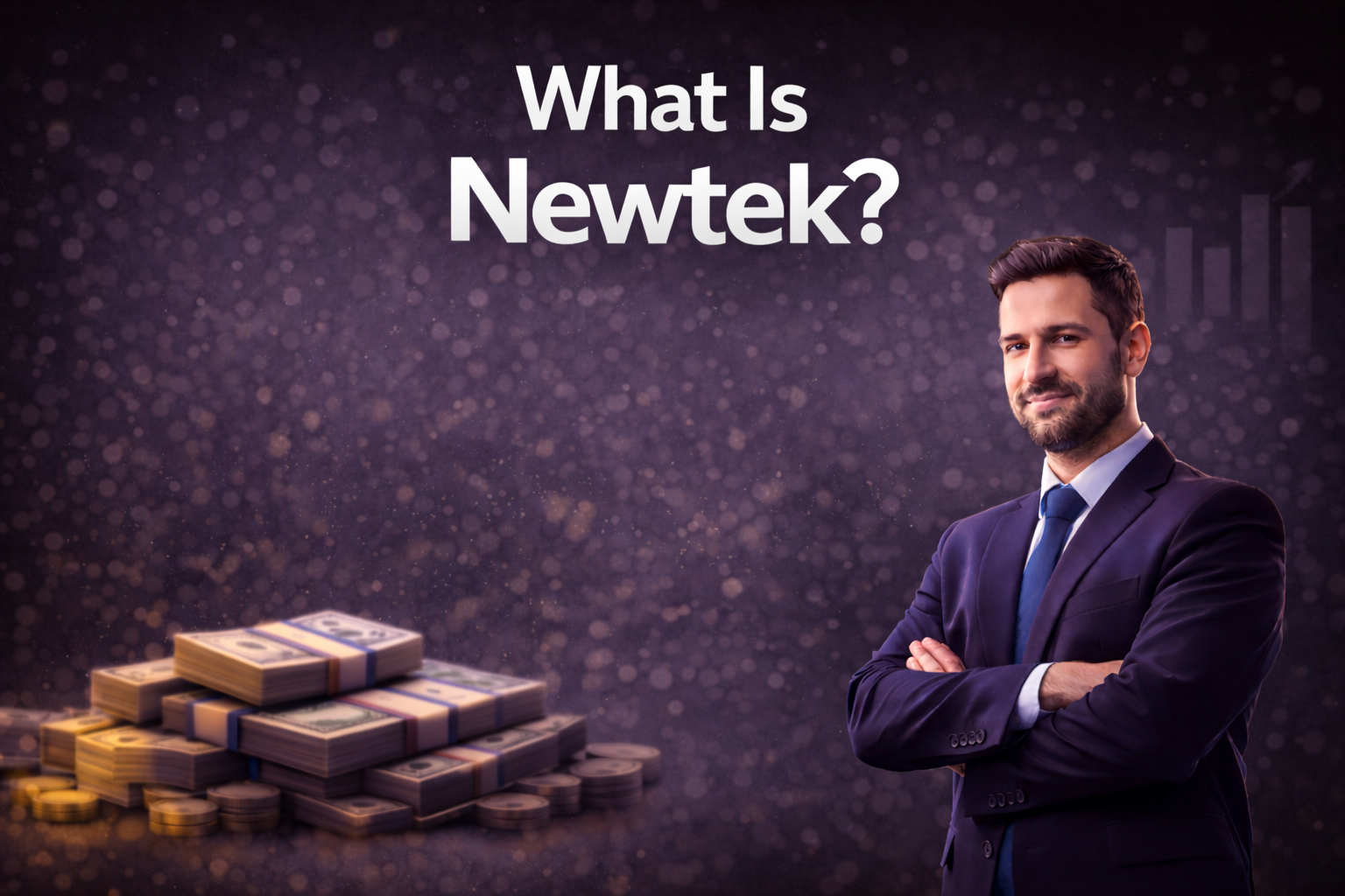 What is Newtek business funding concept with professional advisor, cash stacks, and dark purple background