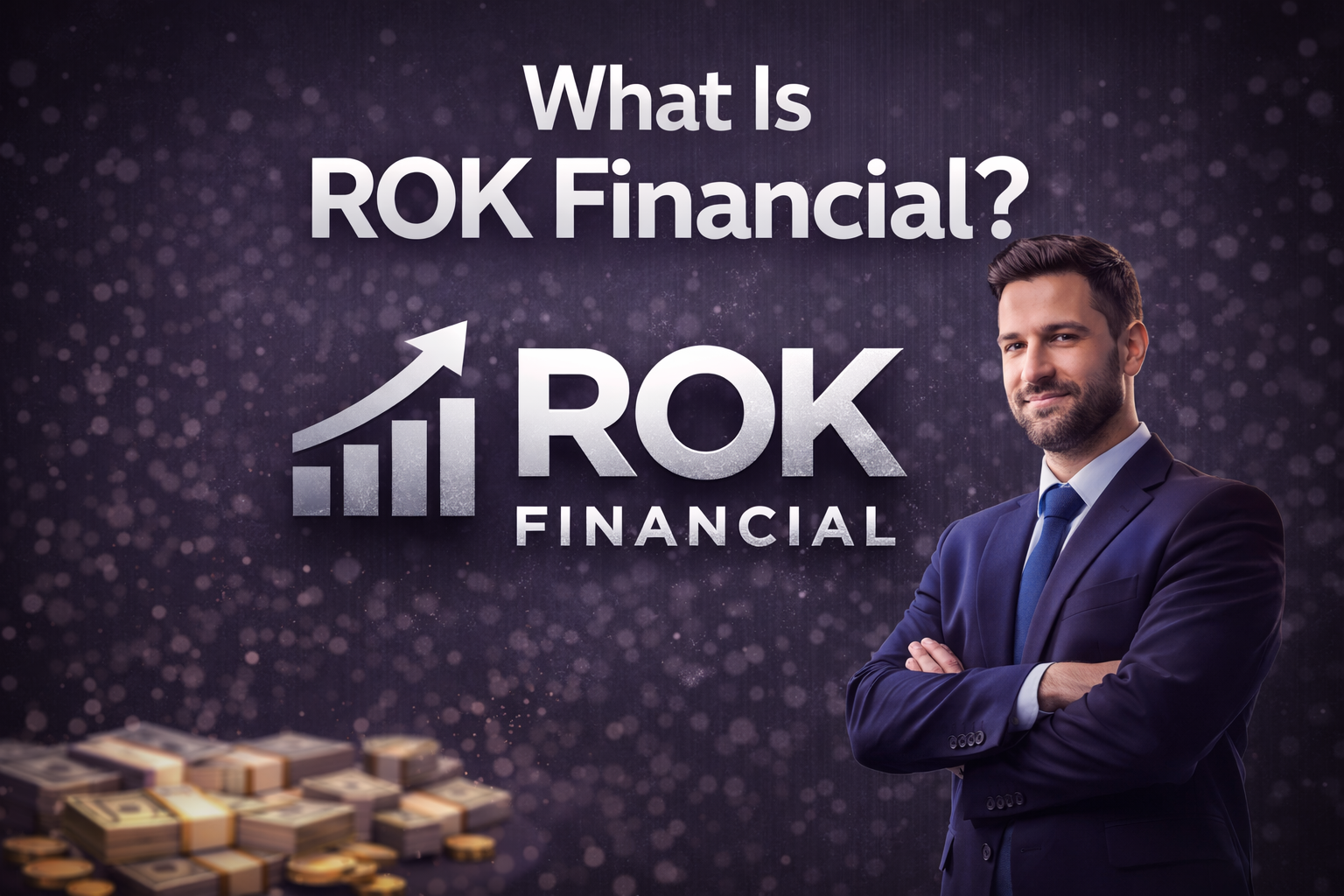 ROK Financial business funding concept with professional advisor, financial growth chart, and dark purple background