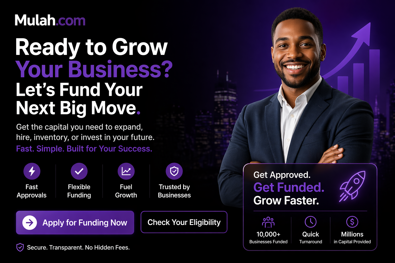 Mulah business funding call to action image showing fast approvals, flexible funding options, and business growth solutions with apply now prompt