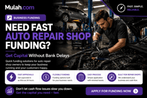 Auto repair shop mechanic working on vehicle representing fast business funding solutions without bank delays from Mulah