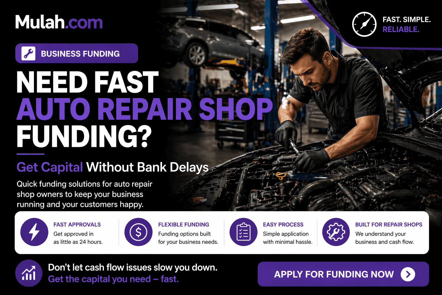 Auto repair shop mechanic working on vehicle representing fast business funding solutions without bank delays from Mulah