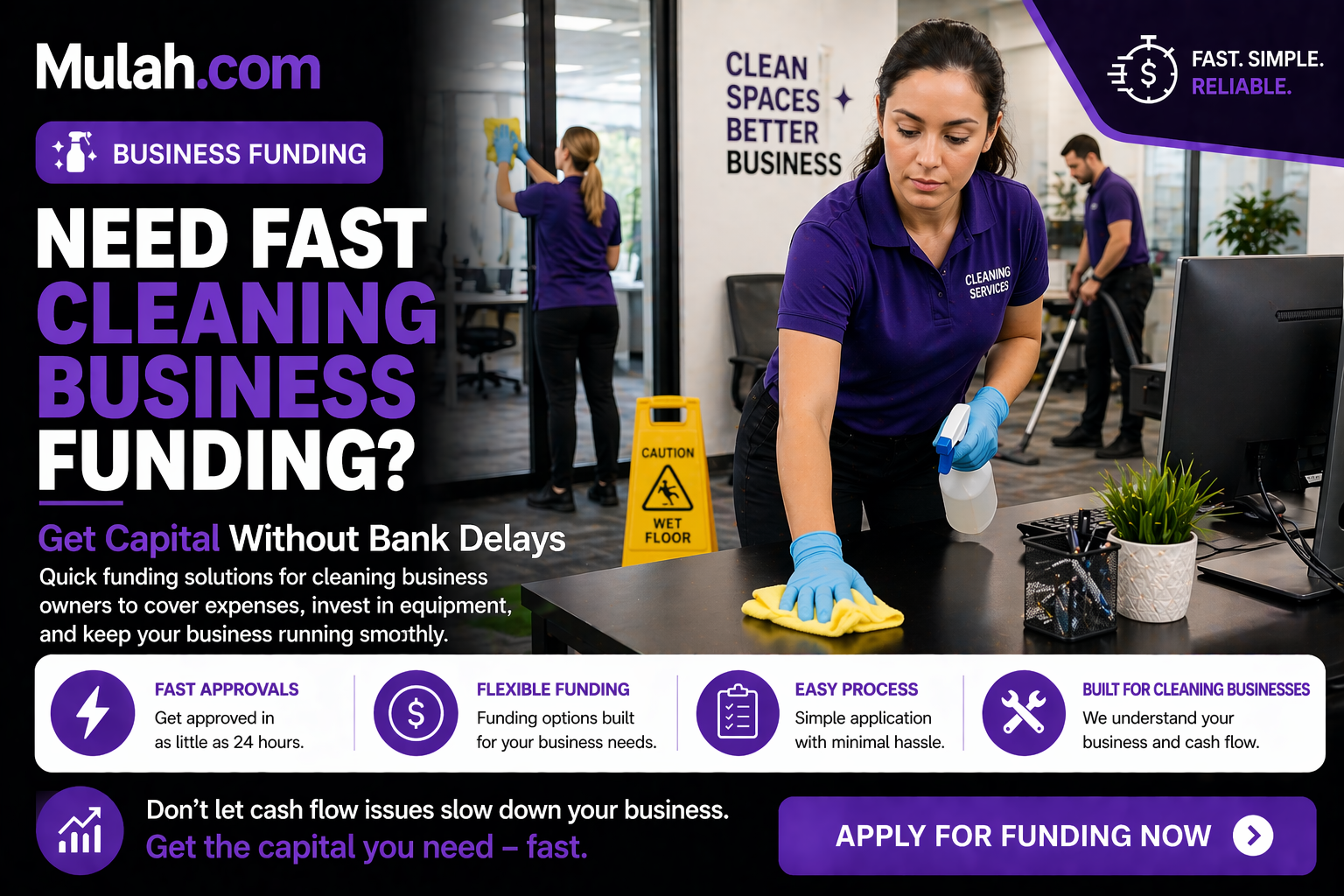Cleaning crew working in office representing fast funding solutions for cleaning businesses from Mulah