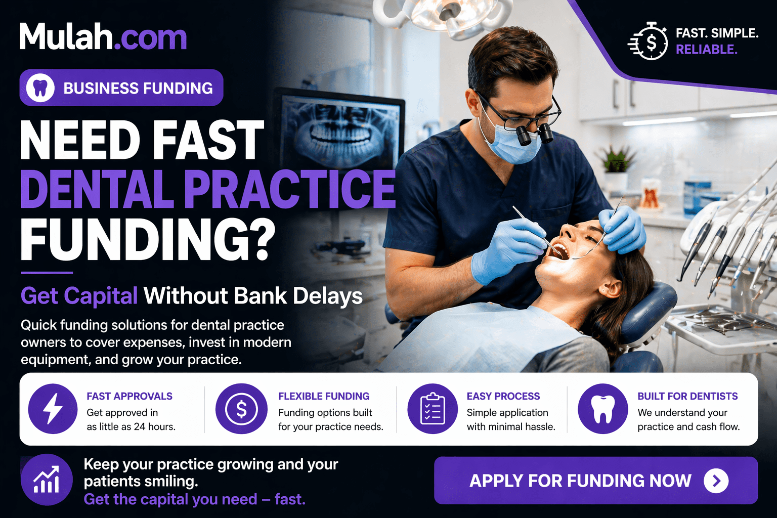 Dentist treating patient representing fast funding solutions for dental practices from Mulah