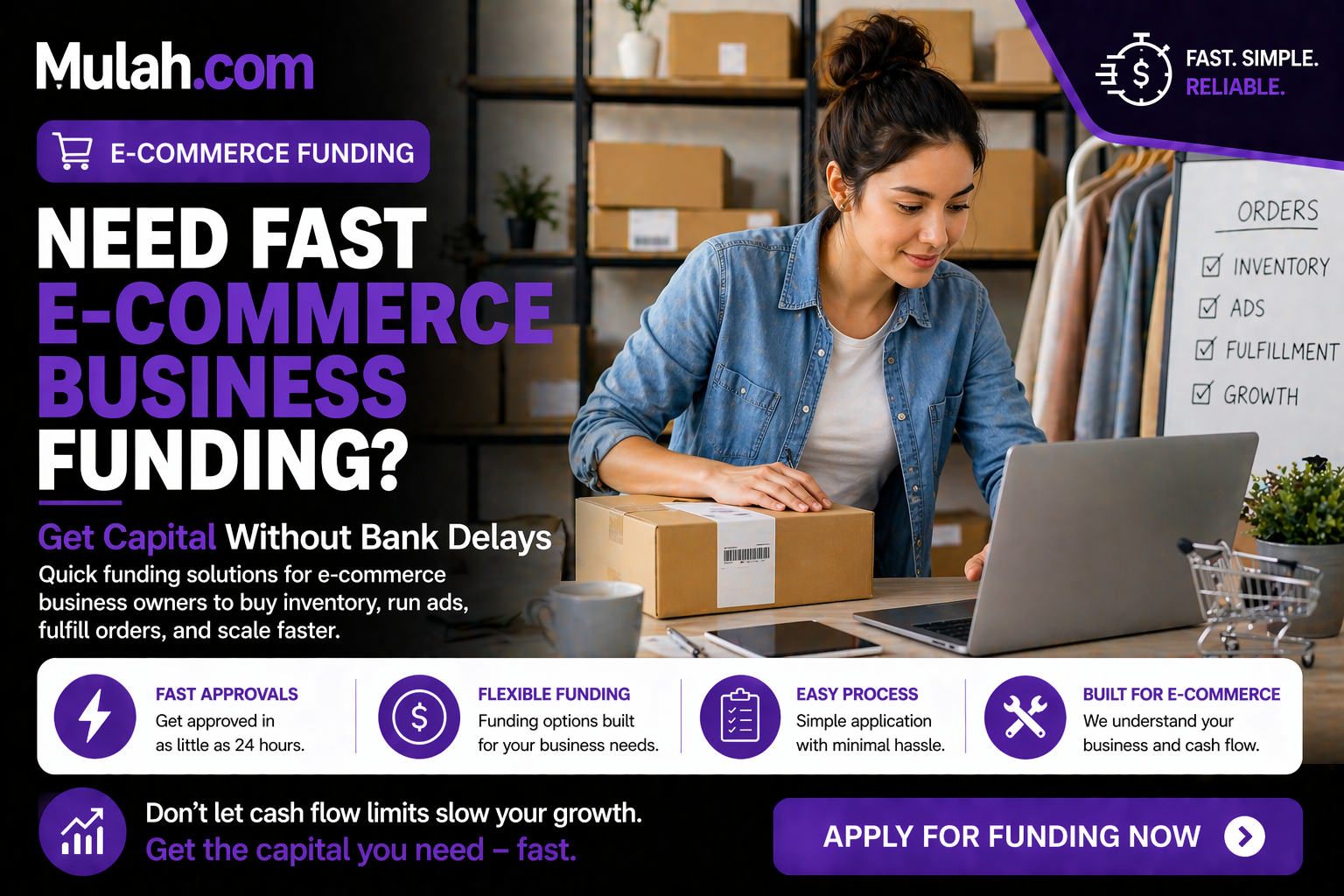 Online business owner managing orders representing fast funding solutions for e-commerce businesses from Mulah