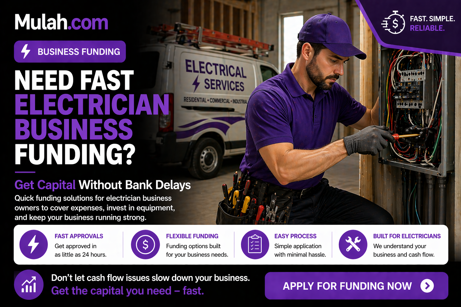 Electrician working on electrical panel representing fast funding solutions for electrician businesses from Mulah