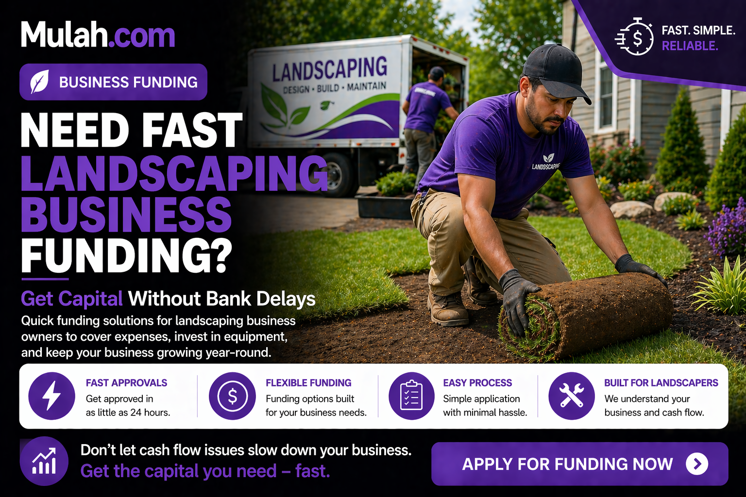Landscaping crew working on yard representing fast funding solutions for landscaping businesses from Mulah