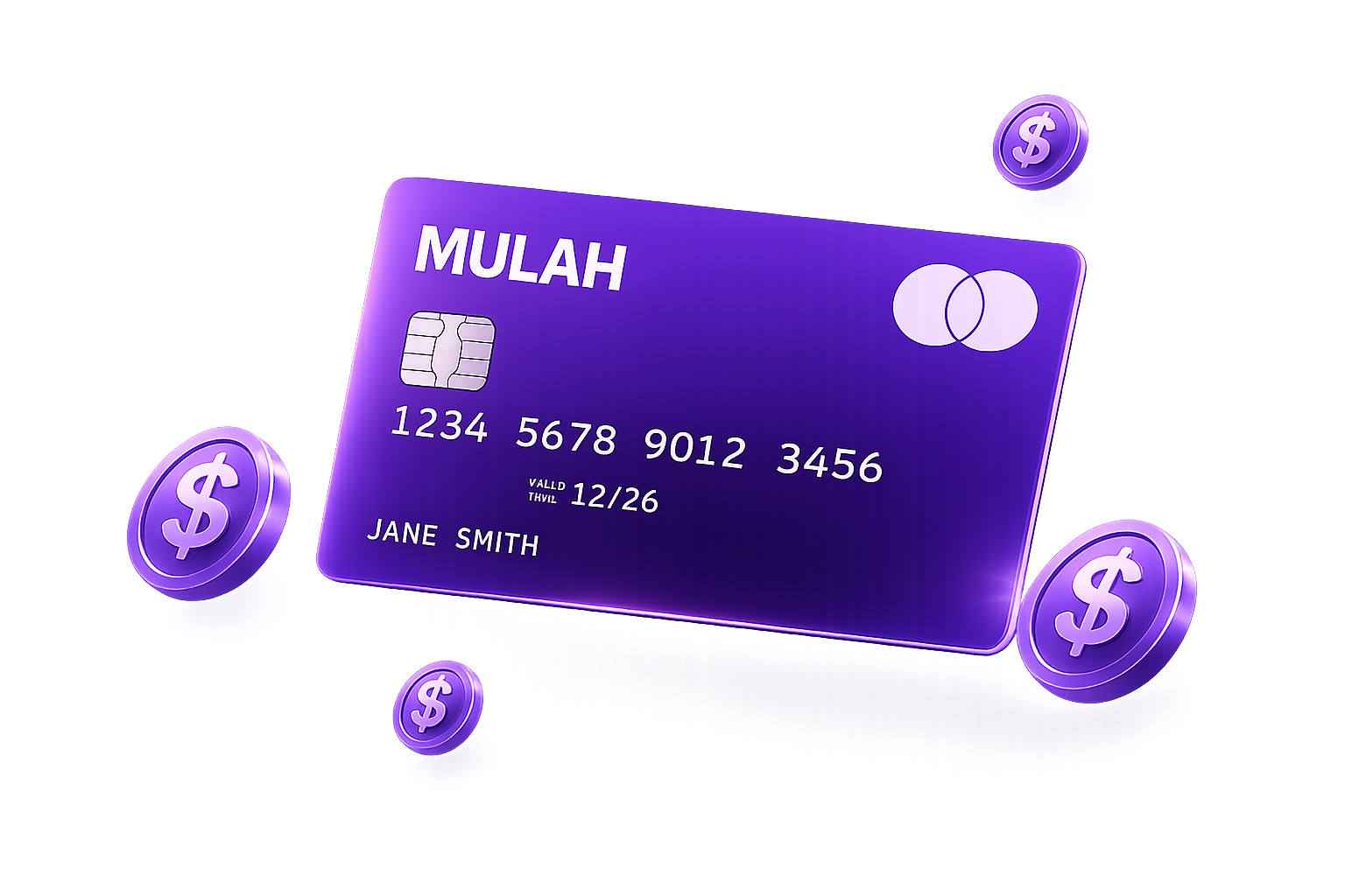 Mulah line of credit floating purple card with dollar icons representing flexible business funding and financial access