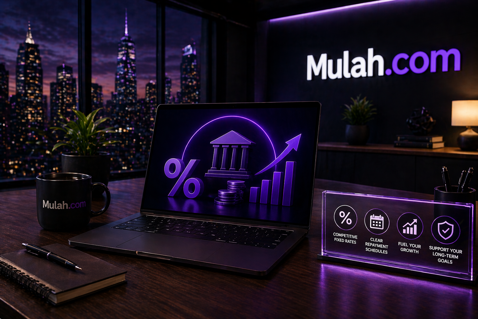 Mulah business funding workspace showing term loan solutions, financial growth icons, and modern office environment for small business financing