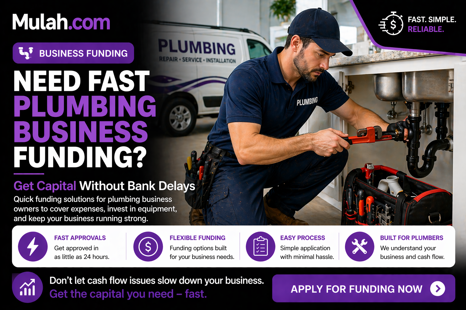Plumber repairing sink representing fast funding solutions for plumbing businesses from Mulah