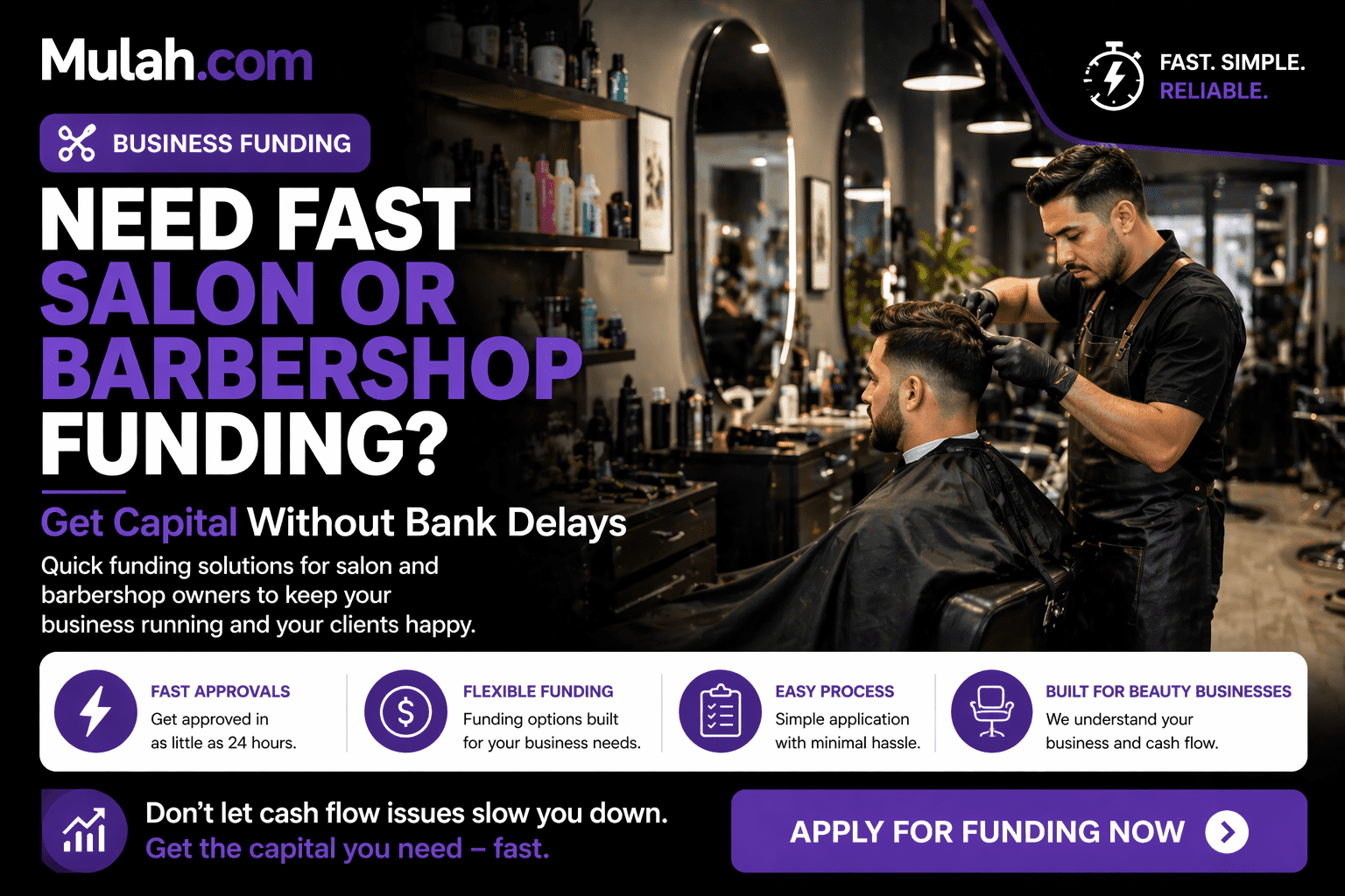 Barber cutting hair in barbershop representing fast funding solutions for salon and barbershop businesses from Mulah