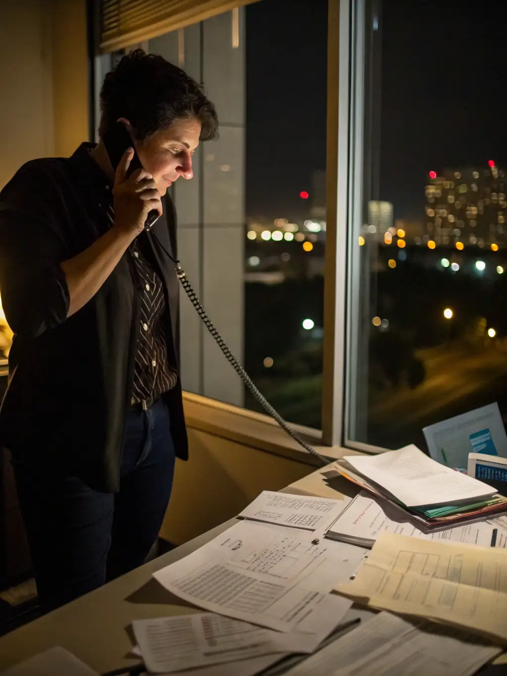 A person on the phone, negotiating with a creditor, with a computer displaying credit report data in the background.