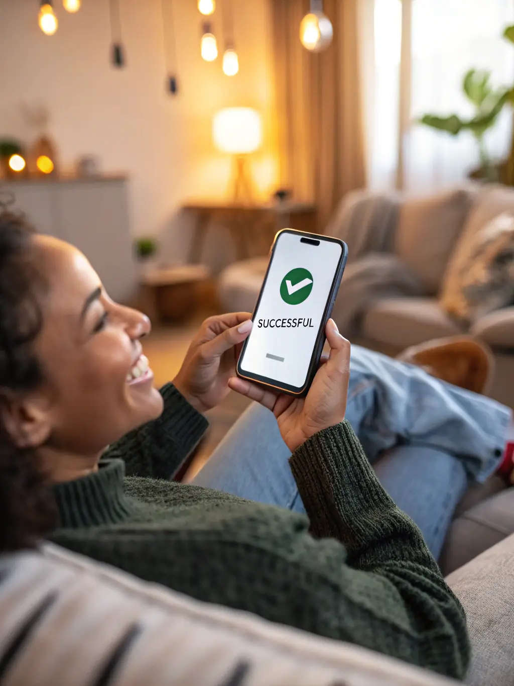 A person happily receiving a notification on their phone indicating a fast payout from Mulah.