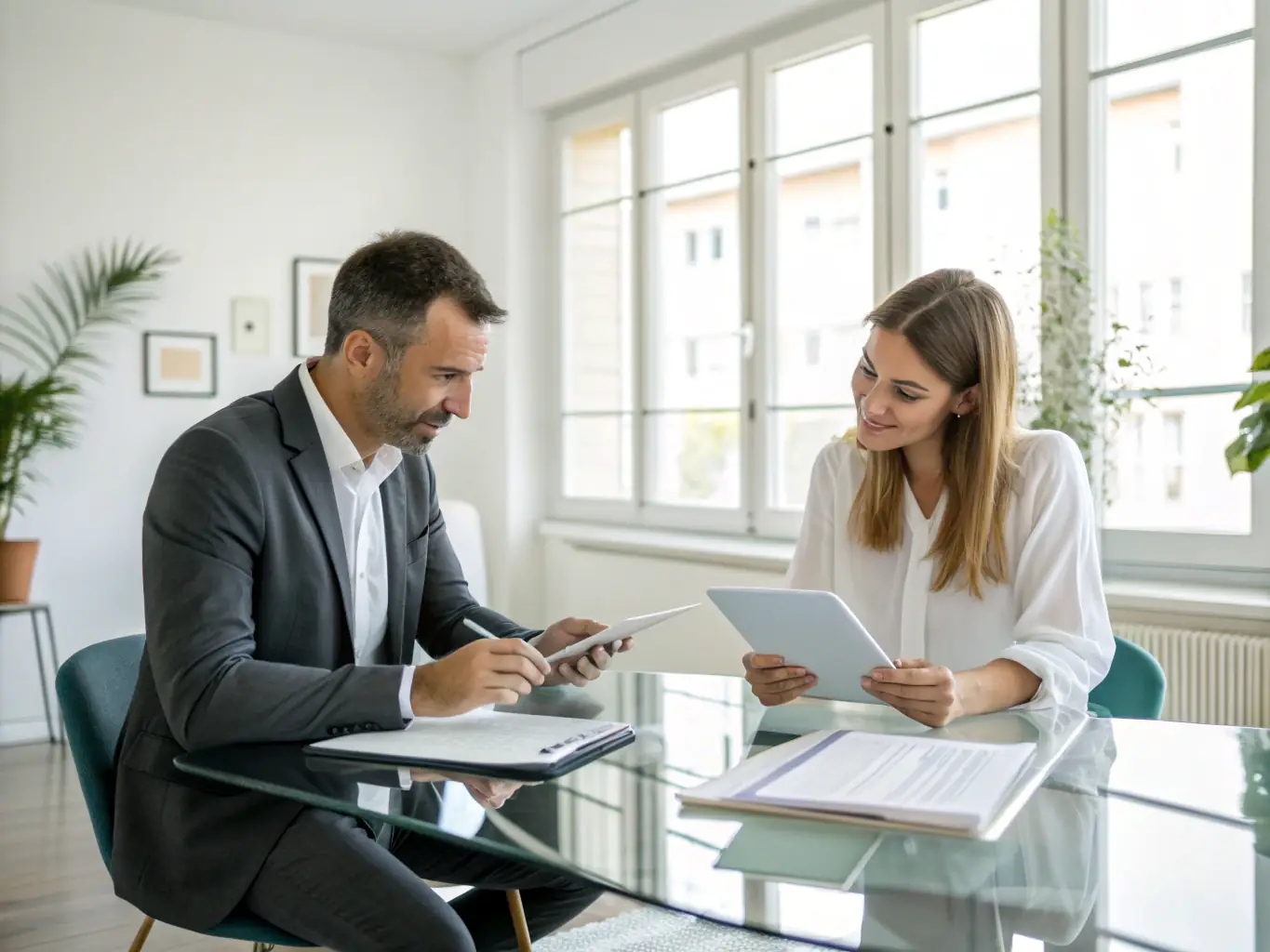 A professional advisor is sitting at a desk, reviewing credit reports with a client in a modern office setting, emphasizing personalized service and attention to detail.