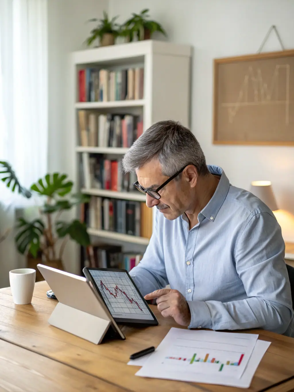 A professional business owner smiling confidently while reviewing financial reports on a tablet, showcasing the ease of managing finances with Mulah.