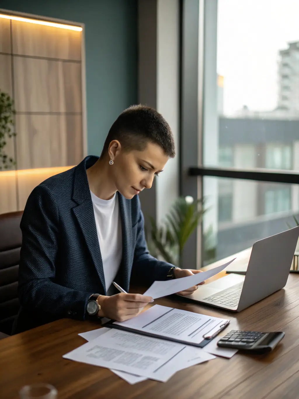 A consultant reviewing a client's credit report, highlighting negative items with a red pen, in a brightly lit office setting.