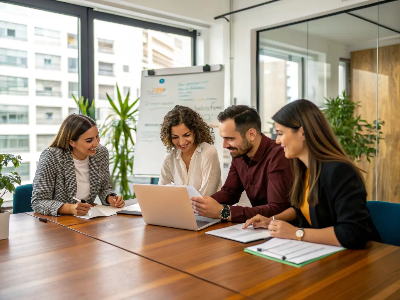 A diverse team of credit repair specialists collaborating in a bright, modern office, showcasing the company's expertise and collaborative approach.