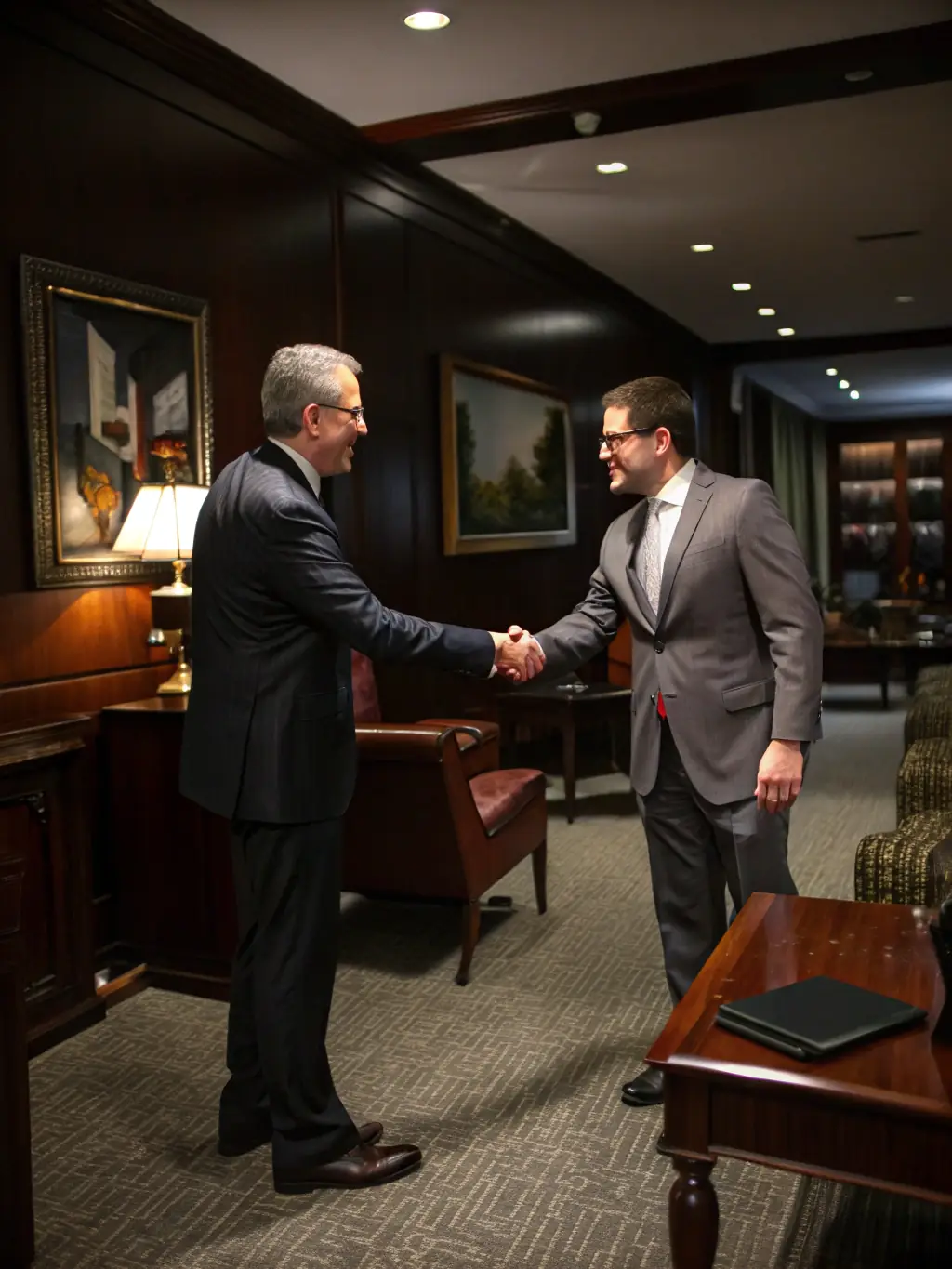 A handshake between a consultant and a client, with a financial document on the table, symbolizing a successful partnership.