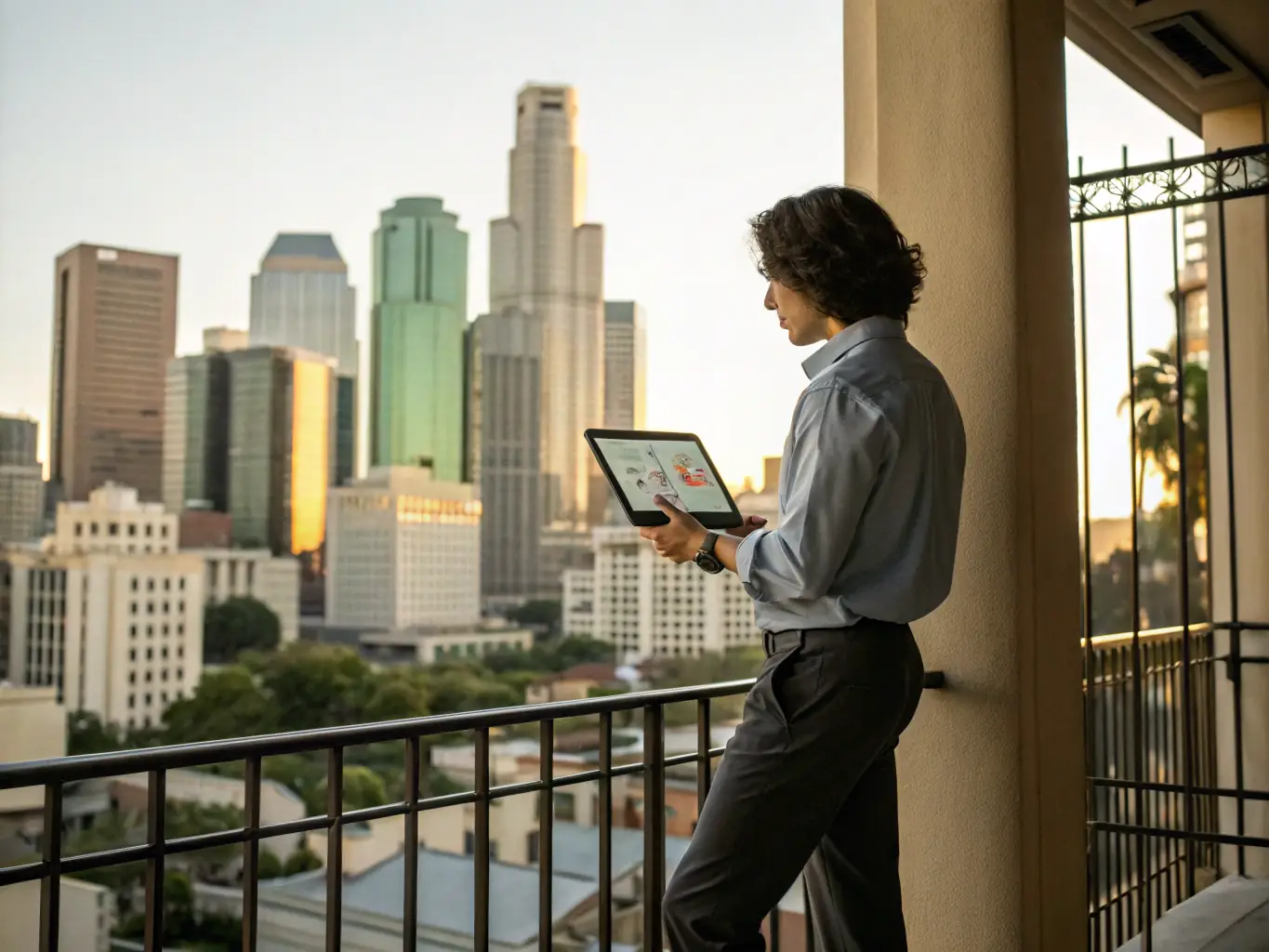 A digital illustration of a roofing contractor reviewing financial documents on a tablet, with a cityscape in the background, symbolizing business growth and financial planning.