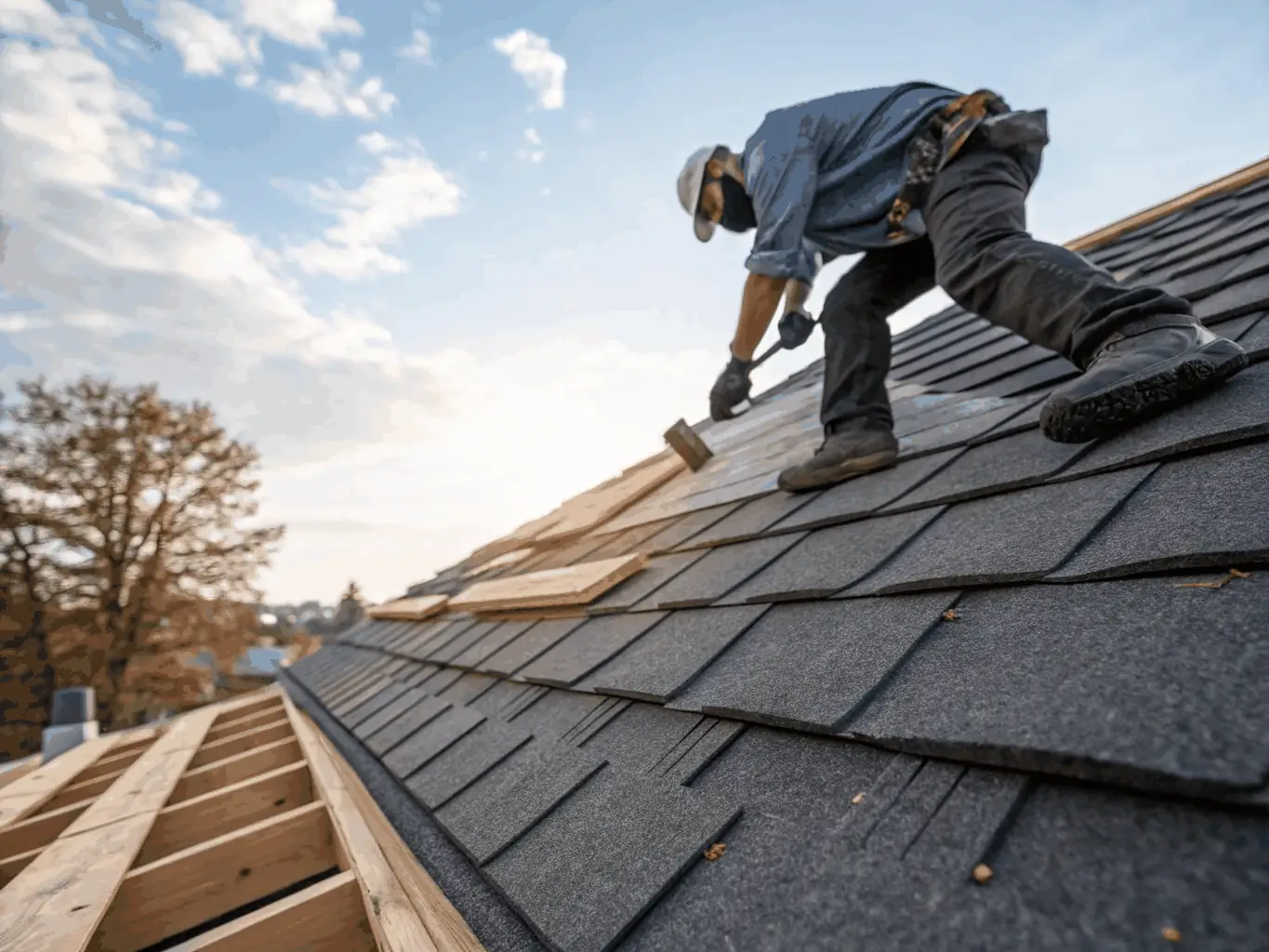 A professional photograph of a roofing crew working on a residential roof, showcasing their expertise and teamwork. The sky is clear, and the house is well-maintained, reflecting the quality of their work.