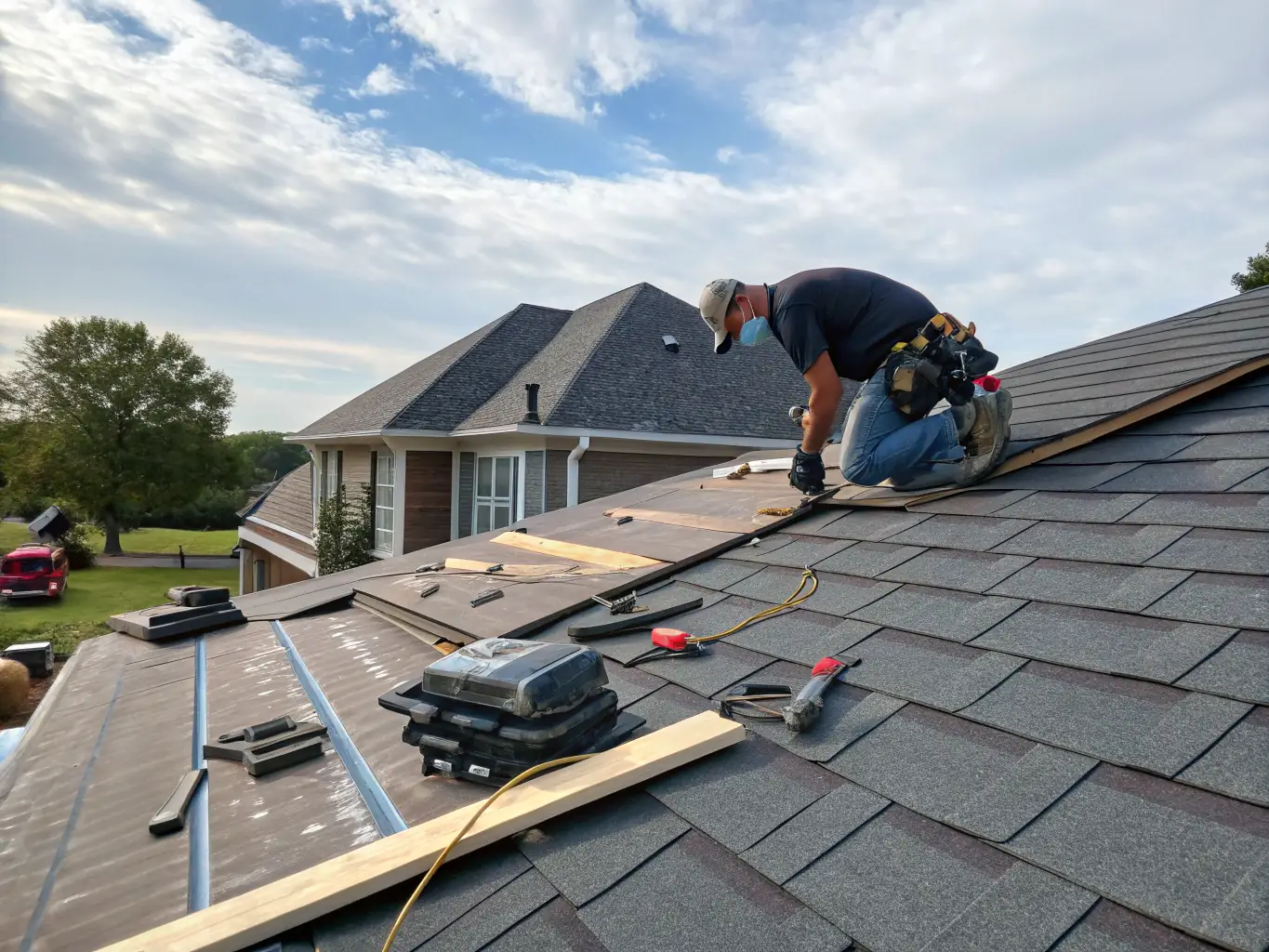 A roofing crew working diligently on a residential roof under a sunny sky, showcasing the labor-intensive nature of the business and the need for consistent payroll funding.