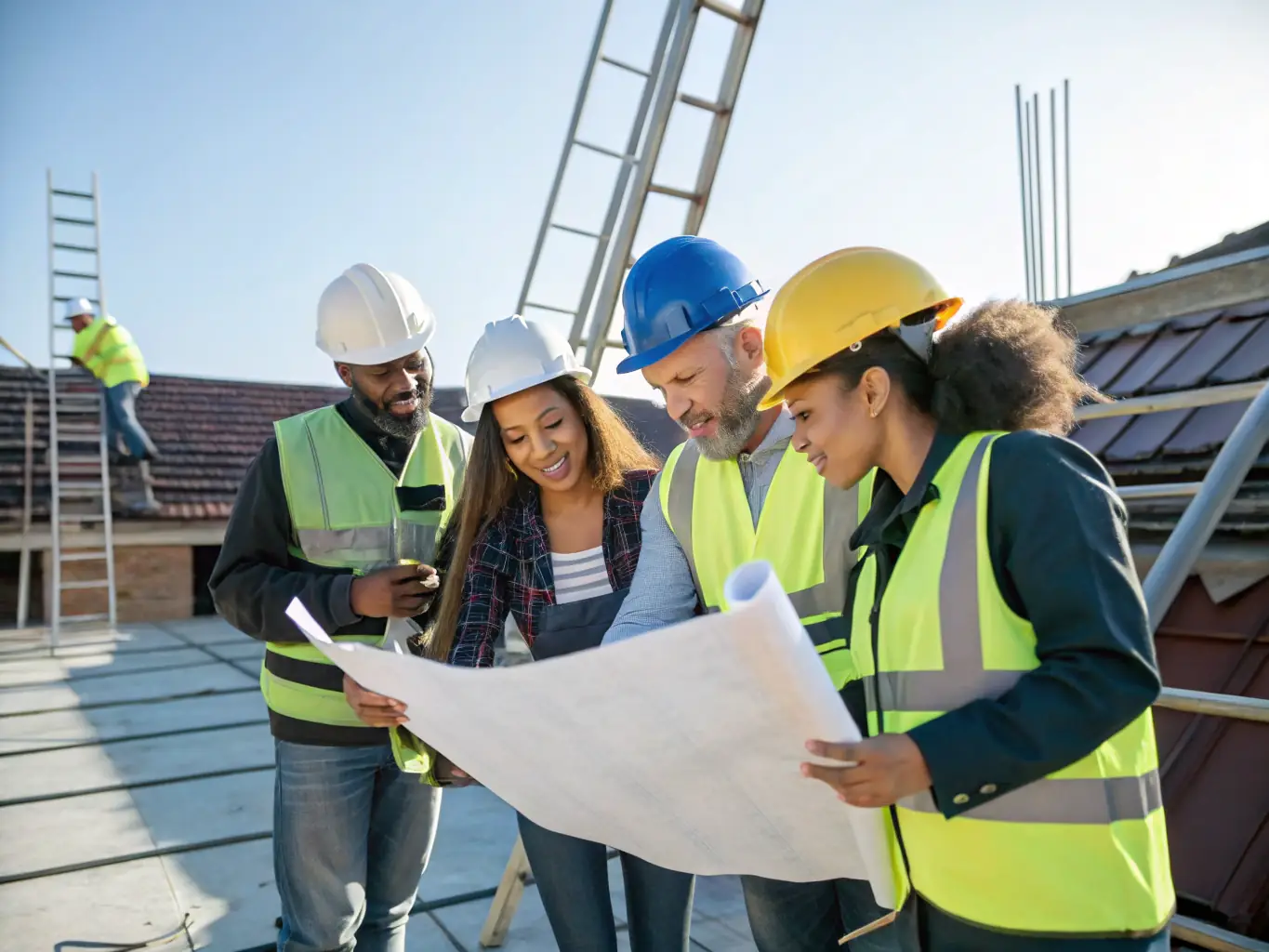A diverse group of roofing contractors in a meeting, discussing strategies and financial planning, emphasizing the collaborative and supportive environment Mulah fosters.