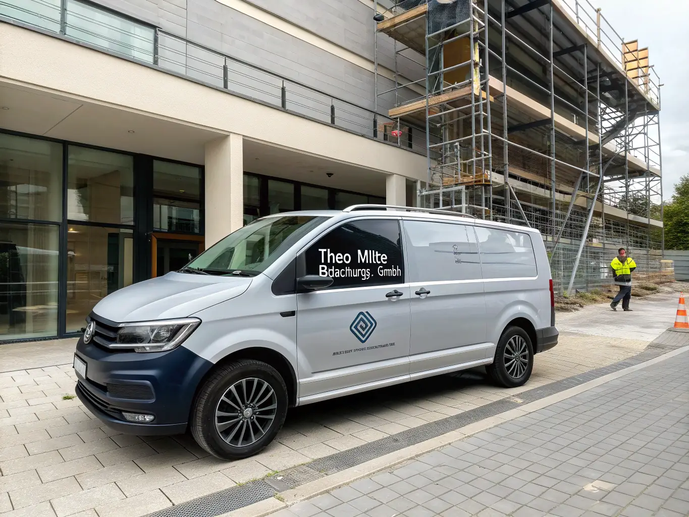 A modern roofing truck parked in front of a commercial building, with the company logo prominently displayed on the side. The scene conveys professionalism and reliability.