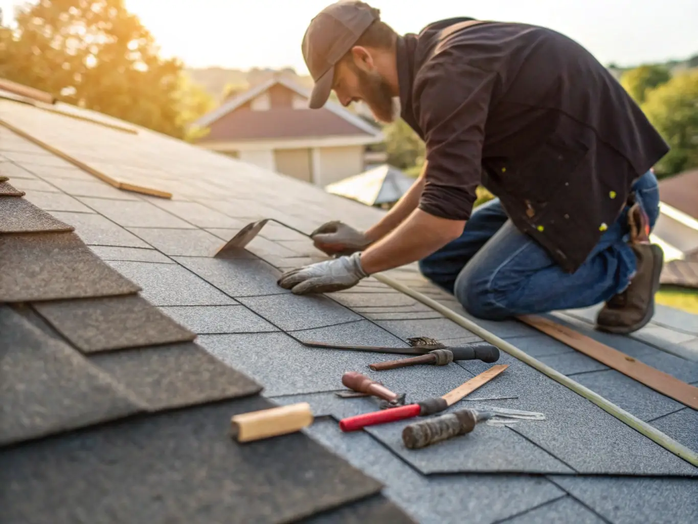 A photograph of a roofing crew working on a residential roof, with a focus on the quality of their work and the materials they are using, representing reliability and expertise.