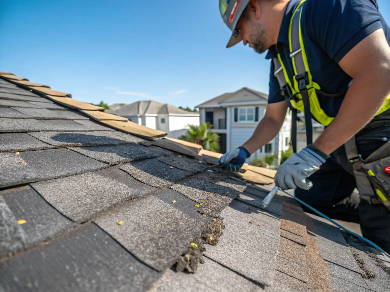 A roofer inspecting a damaged roof after a storm, emphasizing the urgent need for storm restoration funding and the potential delays in insurance payouts.