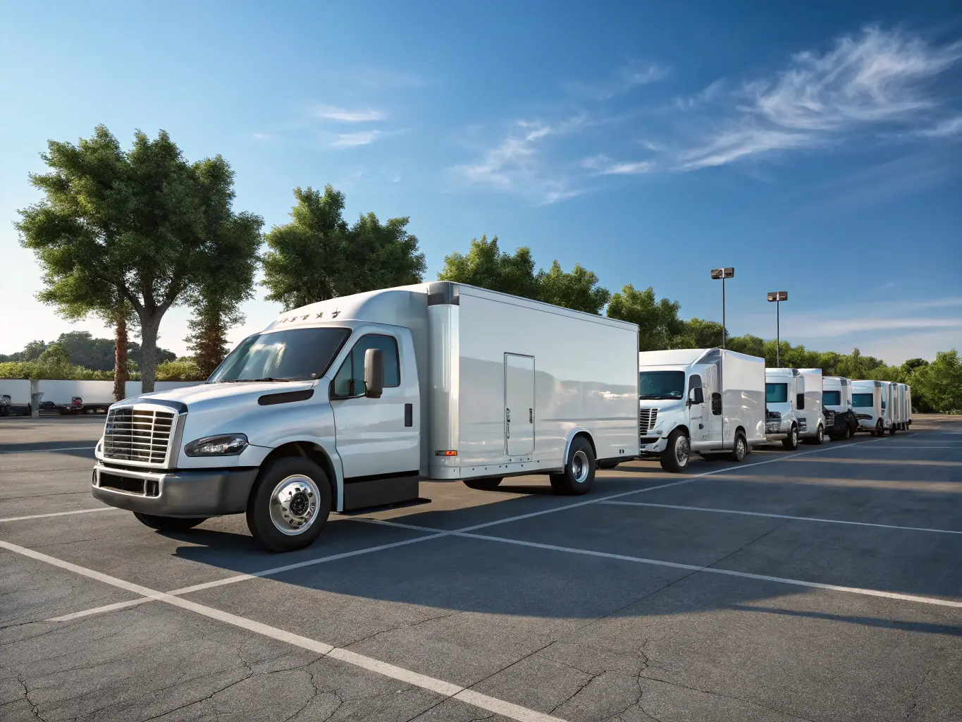 A fleet of roofing trucks branded with a company logo, parked outside a supply warehouse, highlighting the significant investment in equipment and the ongoing maintenance costs.