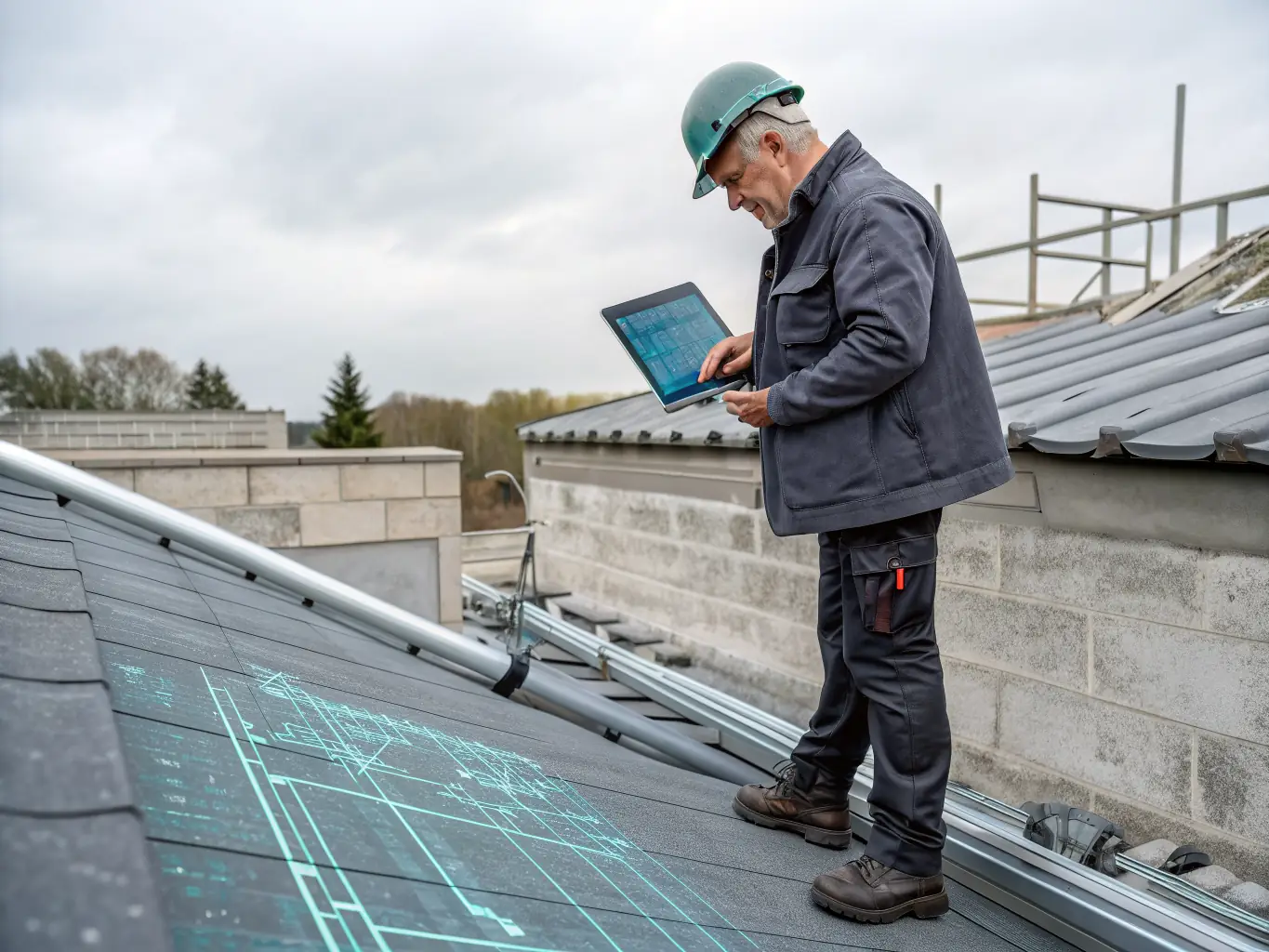 A professional roofer reviewing blueprints on a digital tablet, showcasing the integration of technology and planning in roofing projects, set against a backdrop of a modern office environment.