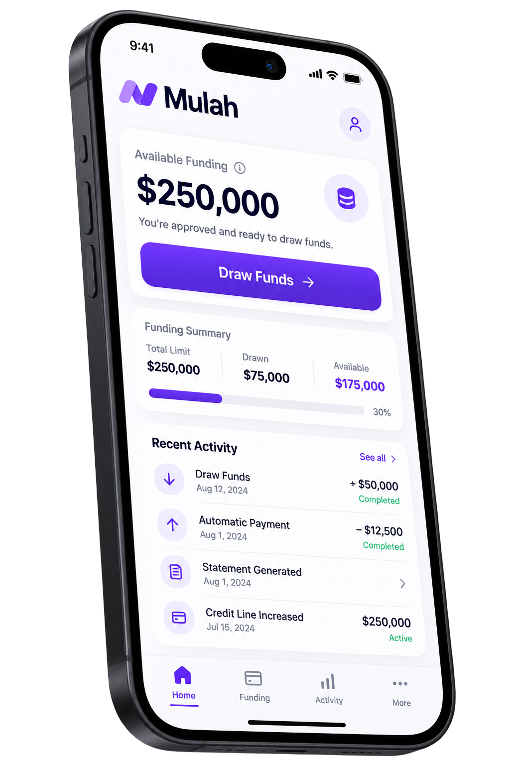 Mulah business funding and available credit mobile interface