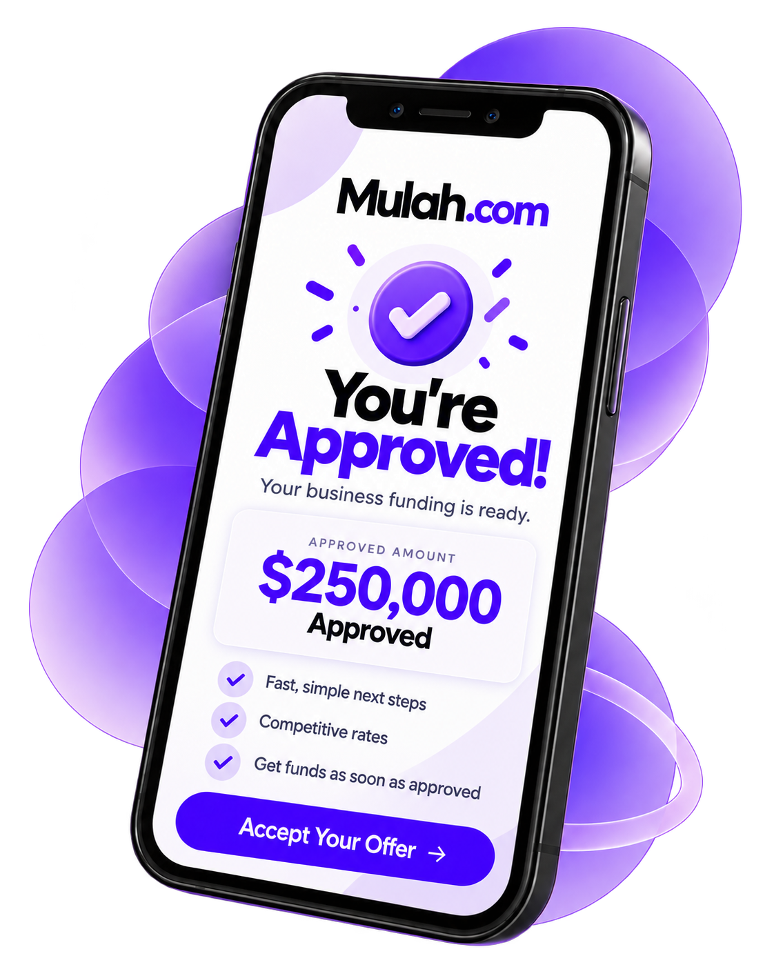 Mulah business funding approval shown on mobile phone