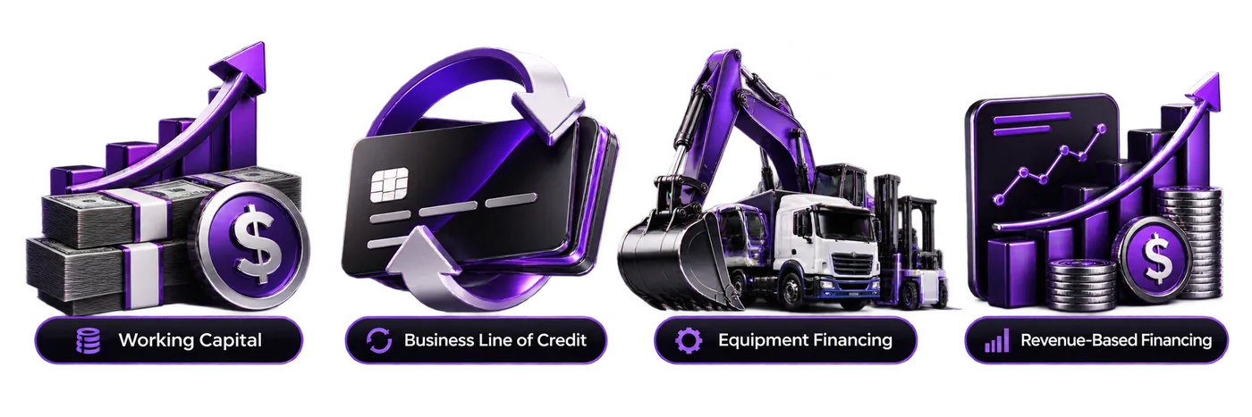 Mulah - Business Funding Lander | Mulah Illustrations of working capital, business line of credit, equipment financing, and revenue-based financing