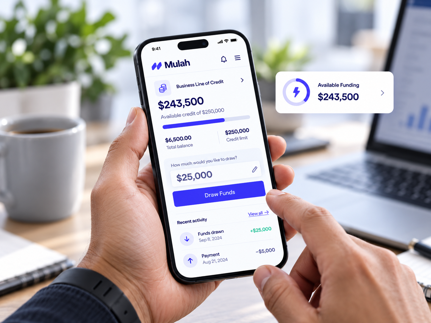 Mulah business line of credit interface showing available business credit