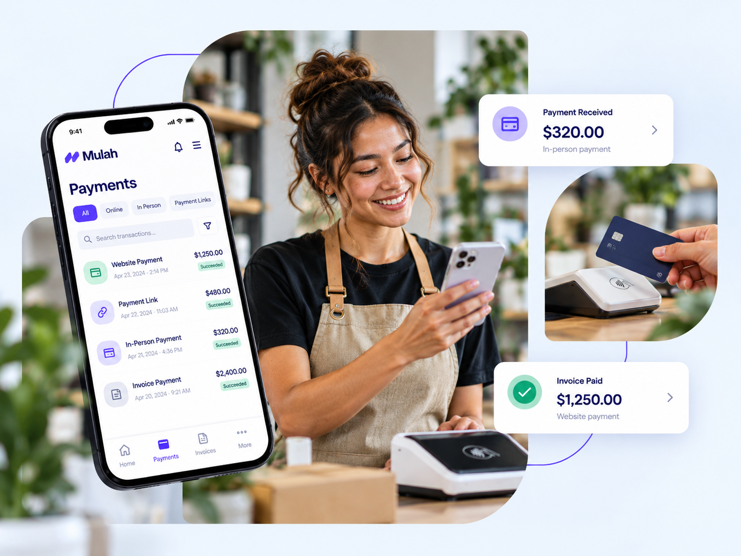 Small business owner using Mulah credit card processing and payment tools