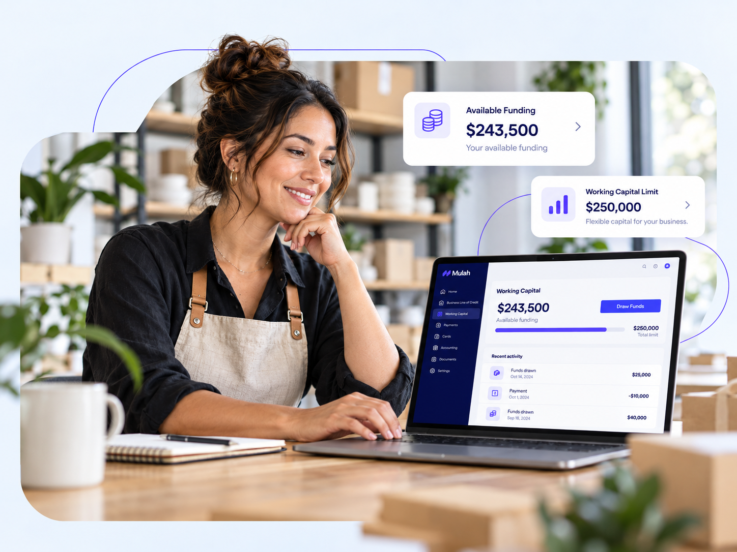 Business owner using Mulah working capital funding dashboard